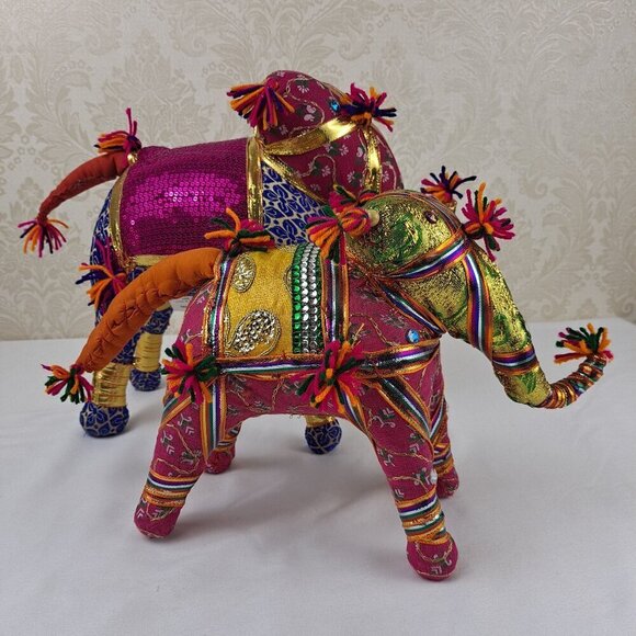 Pair of Fabric Elephants Free Standing Pink Orange Gold Sequins  Beads Tassels - Picture 1 of 15